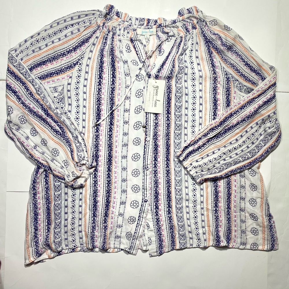 Grace & Lace Bell Long Sleeves Floral Ruffle Button Down Pink & Purple Top NWT L
